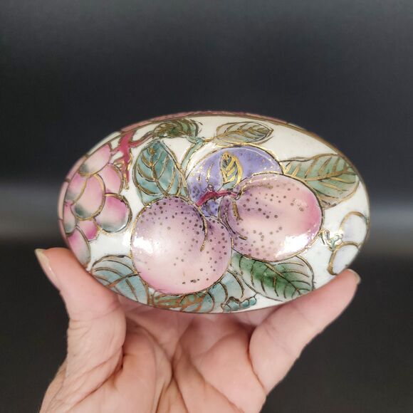 Toyo Enameled Ceramic Trinket Box 4.5" Floral Gold Gilt Japan - Picture 5 of 12